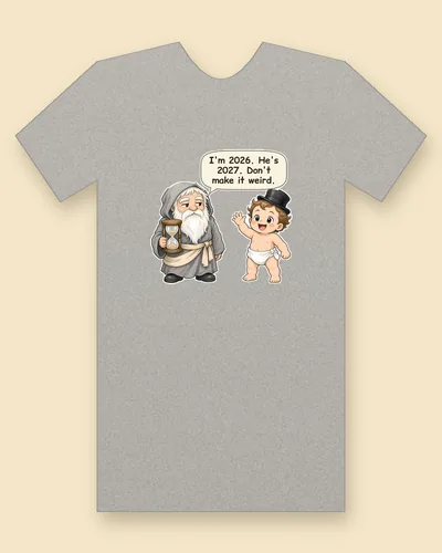 Father Time and Baby New Year tee mockup: Father Time with an hourglass beside Baby New Year in a top hat, saying “I'm 2026. He's 2027. Don't make it weird.”