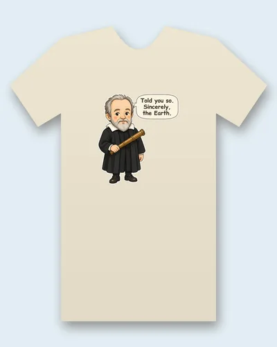 Galileo tee mockup: Galileo with a gray beard and black scholar's robe, holding a brass telescope, saying “Told you so. Sincerely, the Earth.”