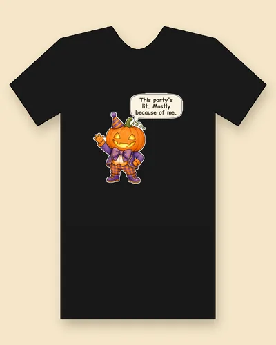 Jack-o'-Lantern tee mockup: a grinning jack-o'-lantern in a party hat, purple suit and bow tie, waving, saying “This party's lit. Mostly because of me.”