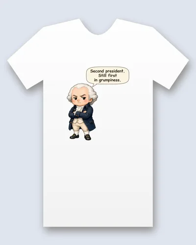 John Adams tee mockup: John Adams in a white wig and navy coat, arms crossed and frowning, saying “Second president. Still first in grumpiness.”