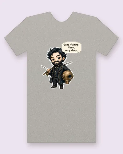 The Submarine Captain tee mockup: A bearded sea captain in a dark coat with a fishing rod and a brass diving helmet, surrounded by bubbles, saying “Gone fishing. Very, very deep.”