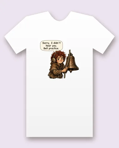 Quasimodo tee mockup: A red-haired bell ringer in earmuffs pulling the rope of a huge bronze bell, saying “Sorry, I didn't hear you. Bell practice.”