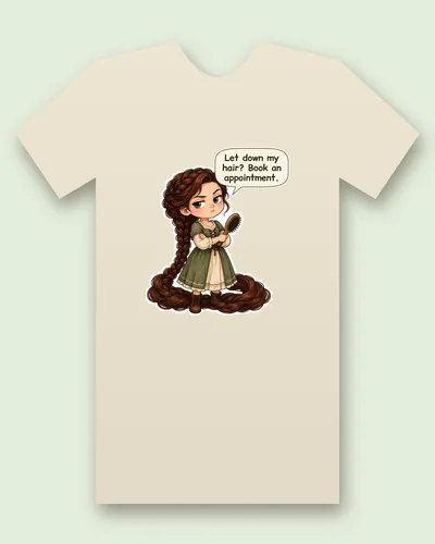 Rapunzel tee mockup: Rapunzel with a very long braid, holding a hairbrush, saying “Let down my hair? Book an appointment.”