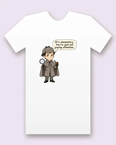 The Great Detective tee mockup: A detective in a deerstalker hat and checked cape holding a magnifying glass and a pipe, saying “It's elementary. You're just not paying attention.”