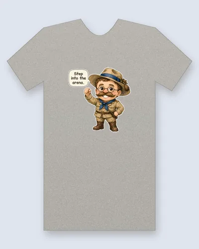 Teddy Roosevelt tee mockup: Teddy Roosevelt in a campaign hat, round glasses and a blue neckerchief, raising a fist, saying “Step into the arena.”