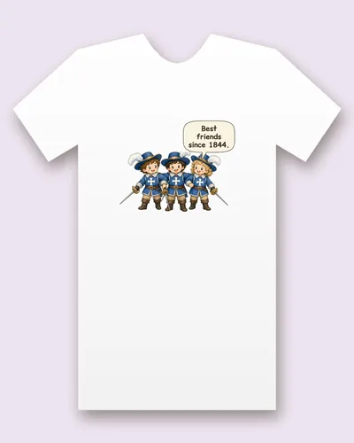The Three Swordsmen tee mockup: Three swordsmen in plumed hats and blue tabards, arm in arm, each holding a sword, saying “Best friends since 1844.”