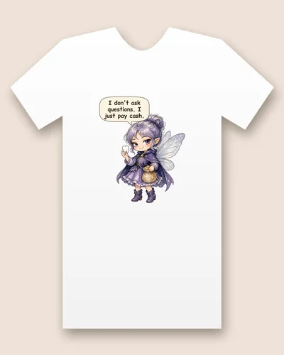 Tooth Fairy tee mockup: A lilac-haired fairy in a purple cloak holding a tooth and a coin bag, saying “I don't ask questions. I just pay cash.”