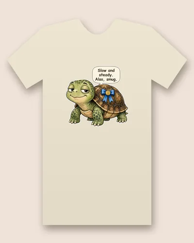 The Tortoise tee mockup: a smug tortoise wearing a blue winner's ribbon, saying “Slow and steady. Also, smug.”