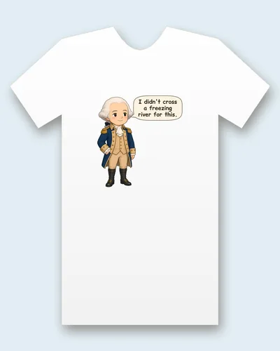 George Washington tee mockup: George Washington in a blue coat and powdered wig, one hand on his hip, saying “I didn't cross a freezing river for this”